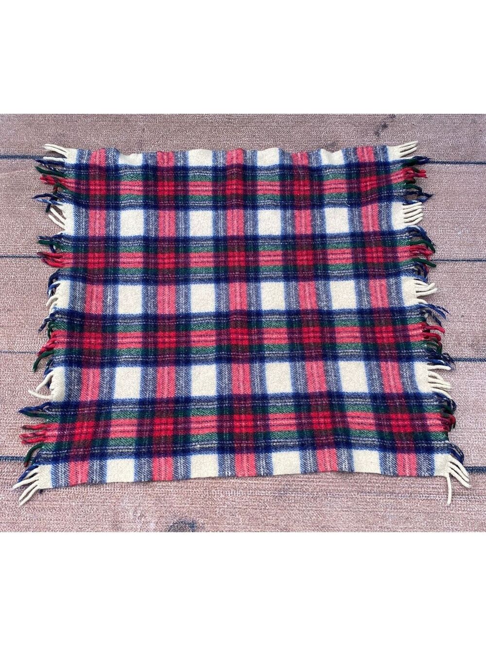 Vintage 1960's fringed wool Christmas tartan plaid scarf wrap blanket